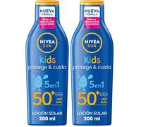 NIVEA SUN Kids Protege & Cuida 5 en 1 - Loción Solar con SPF50+ - Protector Solar Infantil Extra Resistente al Agua - Con Pantenol, Vitamina C y E - Aprobado por Pediatras - Todo Tipo de Piel - 200 ml