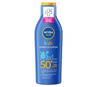NIVEA SUN Leche solar KIDS Protect & Play FPS 50+ (1 x 200 ml), protector solar hidratante para la piel sensible de los niños, protección solar UVA/UVB resistente al agua