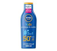 NIVEA SUN Leche Solar Kids Protege & Cuida FP50+ (1 x 200 ml), protector solar infantil resistente al agua, protección solar muy alta para niños