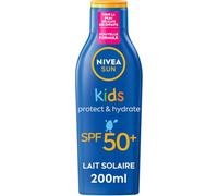 NIVEA SUN Leche Solar Protect & Hydrate Kids SPF 50+ 200 ml - Protector solar resistente al agua - Alta protección facial y cuerpo para la delicada piel de los niños