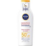 NIVEA SUN - Leche solar sensible de protección inmediata FPS 50+ - Protege contra los rayos UVA/UVB e Irritaciones del Sol - Aloe Vera & Antioxidantes - Fórmula no perfumada y no grasa - Piel sensible