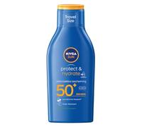 NIVEA Sun Protect & Hydrate Sunscreen Lotion SPF50+ Travel Size 100 ml, Crema hidratante solar con hidratación de larga duración, absorción rápida, protección resistente al agua para rostro y cuerpo