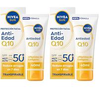 NIVEA SUN Q10 Protección Facial Antiedad SPF50+ Transpirable - Crema Solar Facial UV - Reduce Arrugas en 7 Días - Q10, Péptidos de Colágeno, Licocalcón A - 0% Sensación grasa - Piel Madura - 40 ml