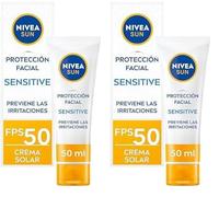 NIVEA SUN Sensitive Protección Facial FP 50 (1 x 50 ml), protector solar facial para piel sensible, crema sin perfume, crema solar 50 con 0% sensación pegajosa (Paquete de 2)