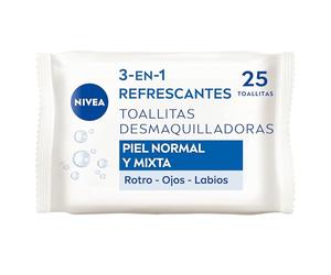 NIVEA Toallitas Desmaquilladoras 3-en-1 Refrescantes - Toallitas Húmedas - Limpia Suave y Eficazmente - Elimina Maquillaje Waterproof - Para Rostro, Ojos y Labios - Piel Normal y Mixta - 25 Toallitas