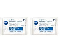 NIVEA Toallitas Desmaquilladoras Refrescantes (1 x 25 ud), toallitas desmaquillantes para piel normal y mixta, toallitas húmedas para rostro, ojos, labios y cuello (Paquete de 2)