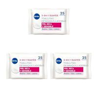 NIVEA Toallitas Desmaquilladoras Suaves (1 x 25 ud), toallitas desmaquillantes para piel seca y sensible, toallitas húmedas para rostro, ojos, labios y cuello (Paquete de 3)