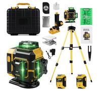 Nivel Laser Autonivelante 4 x 360° con Tripode, 4D 16 Líneas Laser Verde, Modo de Pulso, 2x360 H y 2x360 V, 2 x Batería, Montaje en Pared, Control Remoto, Base Magnética, Soporte Giratorio (Amarillo)