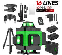 Nivel Láser Profesional 4D de 16 Líneas, Automático 3 ° Poste de sujeción de cables para pared, horizontal y vertical, con haz verde de súper potencia No Tripod + Cloth Bag