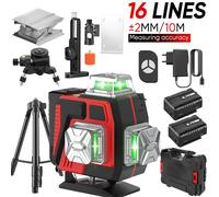 Nivel Láser Profesional de 16 Líneas 4D Automático 3 ° Poste de sujeción de línea para montaje en pared, horizontal y vertical, con haz de luz verde de súper potencia. With Tripod + Cloth Bag