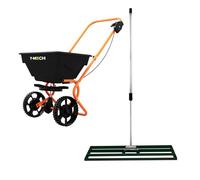 Nivelador de Césped y Esparcidor Rotativo para Fertilizante, Sal, Arena y Semillas - Rastrillo de Nivelación de Jardín 100 x 32 cm Verde con Mango Extensible Desmontable (1,15-1,9 m), Agarre Fácil