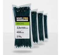 NIVELPRO Bridas de Plástico 3,6 x 150 mm, 400 Unidades, Bridas Negras Resistentes Interior y Exterior, Nylon, Cierre Autoblocante, Sujetacables y Abrazaderas