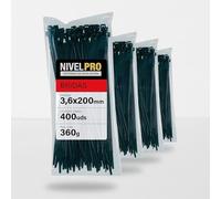 NIVELPRO Bridas de Plástico 3,6 x 200 mm, 400 Unidades, Bridas Negras Resistentes Interior y Exterior, Nylon, Cierre Autoblocante, Sujetacables y Abrazaderas