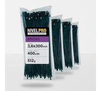 NIVELPRO Bridas de Plástico 3,6 x 300 mm, 400 Unidades, Bridas Negras Resistentes Interior y Exterior, Nylon, Cierre Autoblocante, Sujetacables y Abrazaderas