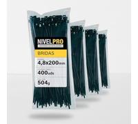 NIVELPRO Bridas de Plástico 4,8 x 200 mm, 400 Unidades, Bridas Negras Resistentes Interior y Exterior, Nylon, Cierre Autoblocante, Sujetacables y Abrazaderas