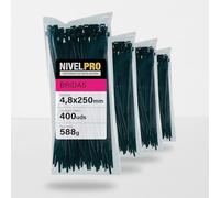 NIVELPRO Bridas de Plástico 4,8 x 250 mm, 400 Unidades, Bridas Negras Resistentes Interior y Exterior, Nylon, Cierre Autoblocante, Sujetacables y Abrazaderas