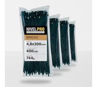 NIVELPRO Bridas de Plástico 4,8 x 300 mm, 400 Unidades, Bridas Negras Resistentes Interior y Exterior, Nylon, Cierre Autoblocante, Sujetacables y Abrazaderas