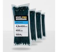 NIVELPRO Bridas de Plástico 4,8 x 400 mm, 400 Unidades, Bridas Negras Resistentes Interior y Exterior, Nylon, Cierre Autoblocante, Sujetacables y Abrazaderas
