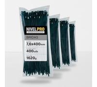 NIVELPRO Bridas de Plástico 7,6 x 400 mm, 400 Unidades, Bridas Negras Resistentes Interior y Exterior, Nylon, Cierre Autoblocante, Sujetacables y Abrazaderas
