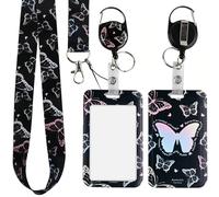 Nivofu Porta Tarjetas Identificativas con Lanyard Retráctil, Tarjetero Colgante Deslizante de ABS para Enfermera, Estudiantes y Oficina, Funda Tarjeta Identificación, Estampado Mariposa