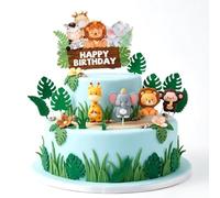 Nivofu Set de Decoración Tartas Cumpleaños Animales Selva con 4 Figuras de Safari León Elefante Jirafa Mono y 14 Hojas Tropicales, Topper Tarta Reutilizable para Fiesta Baby Shower y Wild One Niños