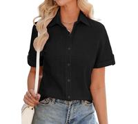 Niwicee Blusa Elegante para Mujer Camisa 100% Algodón Mujer con Cuello en V Blusa Suelta Manga Corta Cardigan Mujer Verano Causal Informal con Botones Verano de Color Sólido Tops (Negro, XL)