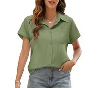 Niwicee Blusa Elegante para Mujer Camisa Lino Mujer Verano con Cuello en V Blusa Suelta Manga Corta Cardigan Mujer Verano Causal Informal con Botones Top con Bolsillos (Verde, L)