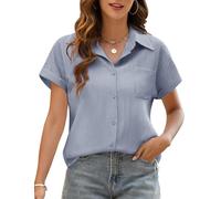 Niwicee Blusa Elegante para Mujer Camisa Lino Mujer Verano con Cuello en V Blusa Suelta Manga Corta Cardigan Mujer Verano Causal Informal con Botones Top con Bolsillos (Azul, L)