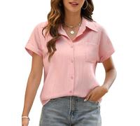 Niwicee Blusa Elegante para Mujer Camisa Lino Mujer Verano con Cuello en V Blusa Suelta Manga Corta Cardigan Mujer Verano Causal Informal con Botones Top con Bolsillos (Rosa, M)