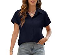 Niwicee Blusa Elegante para Mujer Camisa Lino Mujer Verano con Cuello en V Blusa Suelta Manga Corta Cardigan Mujer Verano Causal Informal con Botones Top con Bolsillos (Azul Marino, L)