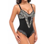 Niwicee Body Moldeador Mujer Faja Reductora Body Adelgazante Shapewear Encaje Escote V Bodysuits de Control de Abdomen Posparto Invisible Shapewear (Negro-Beige,L)