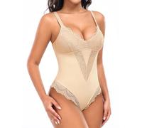 Niwicee Body Moldeador Mujer Faja Reductora Body Adelgazante Shapewear Encaje Escote V Bodysuits de Control de Abdomen Posparto Invisible Shapewear (Beige,M)