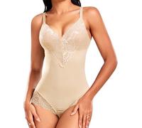 Niwicee Body Moldeador Mujer Tanga Fajas Reductoras Encaje con Cuello en V Shapewear Control de Abdomen Bodysuit Body Shaper Reductor Invisible Posparto Body Suits for Women(Beige,S)