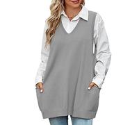 Niwicee Chaleco Jersey de Punto Mujer Suéter sin Mangas Punto Jerséis Tank Tops Casual Knitwear Vintage de Cuello V Pullover Vest con 2 Bolsillos para Otoño Invierno