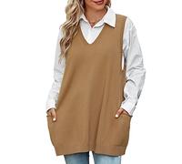 Niwicee Chaleco Jersey de Punto Mujer Suéter sin Mangas Punto Jerséis Tank Tops Casual Knitwear Vintage de Cuello V Pullover Vest con 2 Bolsillos para Otoño Invierno(Caqui,XL)