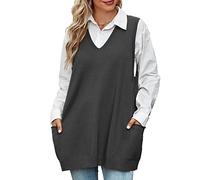 Niwicee Chaleco Jersey de Punto Mujer Suéter sin Mangas Punto Jerséis Tank Tops Casual Knitwear Vintage de Cuello V Pullover Vest con 2 Bolsillos para Otoño Invierno(Gris Oscuro,L)