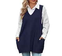Niwicee Chaleco Jersey de Punto Mujer Suéter sin Mangas Punto Jerséis Tank Tops Casual Knitwear Vintage de Cuello V Pullover Vest con 2 Bolsillos para Otoño Invierno(Azul Marino,M)
