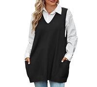 Niwicee Chaleco Jersey de Punto Mujer Suéter sin Mangas Punto Jerséis Tank Tops Casual Knitwear Vintage de Cuello V Pullover Vest con 2 Bolsillos para Otoño Invierno(Negro,S)