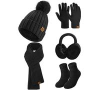 Niwicee Gorro Bufanda y Guantes Invierno Set 5PCS Gorro de Punto Bufandas Guantes de Pantalla Táctil Calentadores de Orejas de Felpa Conjunto de Calcetines Térmicos Regalo para Mujer(Negro)