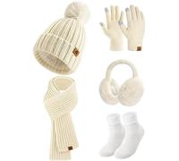 Niwicee Gorro Bufanda y Guantes Invierno Set 5PCS Gorro de Punto Bufandas Guantes de Pantalla Táctil Calentadores de Orejas de Felpa Conjunto de Calcetines Térmicos Regalo para Mujer(Beige)