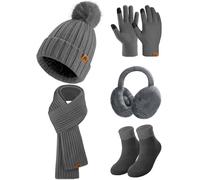Niwicee Gorro Bufanda y Guantes Invierno Set 5PCS Gorro de Punto Bufandas Guantes de Pantalla Táctil Calentadores de Orejas de Felpa Conjunto de Calcetines Térmicos Regalo para Mujer(Gris Oscuro)