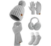 Niwicee Gorro Bufanda y Guantes Invierno Set 5PCS Gorro de Punto Bufandas Guantes de Pantalla Táctil Calentadores de Orejas de Felpa Conjunto de Calcetines Térmicos Regalo para Mujer(Gris)