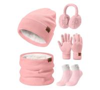 Niwicee Gorro Bufanda y Guantes Invierno Set 5PCS Gorro Invierno Pantalla Táctil Calentadores de Orejas de Felpa Conjunto de Calcetines Térmicos Bufanda Larga para Invierno Regalo para Mujer (Rosa)