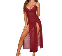Niwicee Lencería Sexy Mujer Babydoll Transparente Vestido de Encaje de Malla Larga Camisón Pijama Cuello en V Hendidura Lateral Sexy Negligees Ropa de Ropa con Tanga (Rojo Vino, XXL)