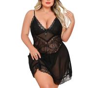 Niwicee Lencería Sexy para Mujer Babydoll de Malla Encaje Cuello en V Camisón Sexy Chemise Nightie con G-String 2 Piezas Conjunto Mujer Talla Grande Mini Vestido (Negro, 3XL)