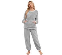 Niwicee Pijama Mujer Invierno Conjunto de Pijama Forro Polar Super Suave Ropa de Dormir 2 Piezas Damas Ropa de Noche Manga Larga cálida y Pantalones Largos con Bolsillo S-XXL(Gris,L)