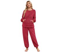 Niwicee Pijama Mujer Invierno Conjunto de Pijama Forro Polar Super Suave Ropa de Dormir 2 Piezas Damas Ropa de Noche Manga Larga cálida y Pantalones Largos con Bolsillo S-XXL(Rojo Vino,L)
