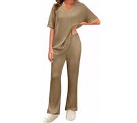 Niwicee Pijama Mujer Verano Conjunto de Pijama Super Suave Ropa de Dormir 2 Piezas Damas Ropa de Noche Manga Corta Camiseta con Cuello de V y Pantalones Largos con Bolsillo(Caqui,XL)