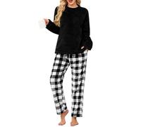 Niwicee Pijama para Mujer Invierno Conjunto de Pijama Forro Polar Super Suave Ropa de Dormir 2 Piezas Damas Ropa de Noche Manga Larga Navidad cálida y Pantalones Largos con Bolsillo (Negro + Gris,XL)