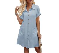Niwicee Vestidos Verano Mujer Manga Corta Cuello V Mini Vestido Mujer Algodón Rectos Sueltos Botones Vestido Camisero Casual Vestidos de Playa con Bolsillos(Azul,XXL)